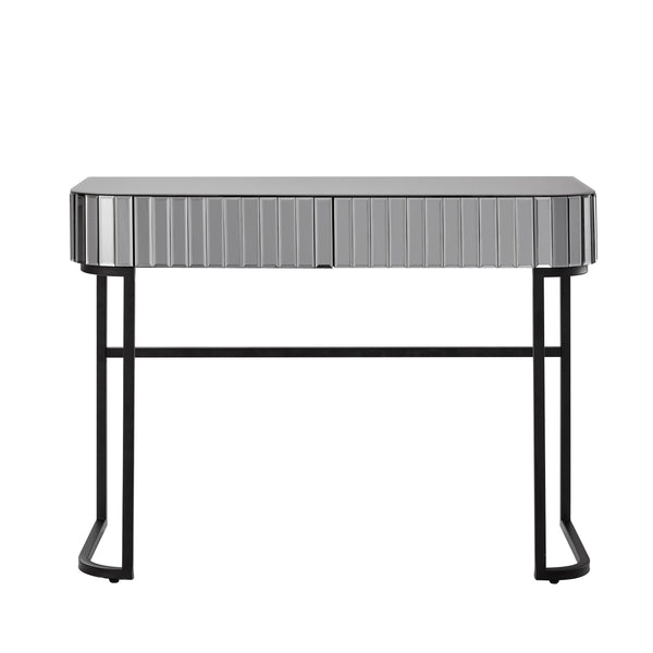English Elm 39" Mirrored Vanity Table with Stainless Steel Base, 2 Drawers, Tempered Glass Top, 250lb Capacity, Gray Glam Desk N704P171796B