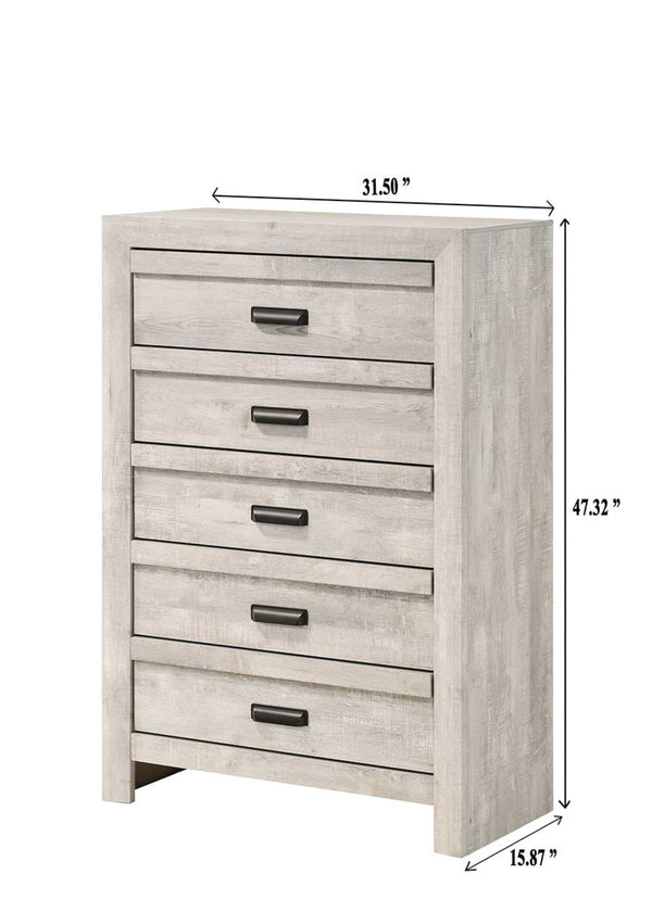 English Elm 1pc Contemporary Five-Drawer Chest with Wood Grain Finish, Slim Profile Storage Solution for Bedroom Beige Gray+White 33.82 L x 18.19 W x 51.37 H B011P368145