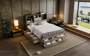 English Elm Queen Platform Bed with Built-In Headboard Storage and 8 Drawers, Solid Wood MDF, Sturdy Design Gray GX000453AAE