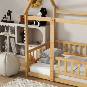 English Elm Twin House Frame Floor Bed Rubberwood with Roof Canopy and Safety Rails for Kids Natural W504P429345