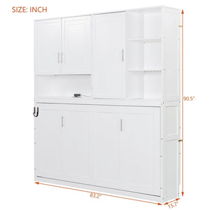 English Elm Twin Murphy Bed with Cabinet Shelves Built in Lighting Usb Ports Space Saving Wall Unit White LP000389AAK-1