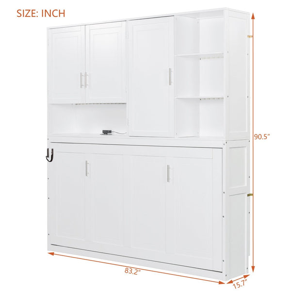 English Elm Twin Murphy Bed with Cabinet Shelves Built in Lighting Usb Ports Space Saving Wall Unit White LP000389AAK-1