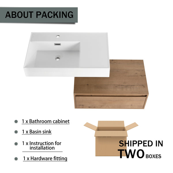 English Elm 30 Inch Wall-Mounted Bathroom Vanity With Resin Sink, Soft Close Drawer & Modern Oak Finish W999S00257