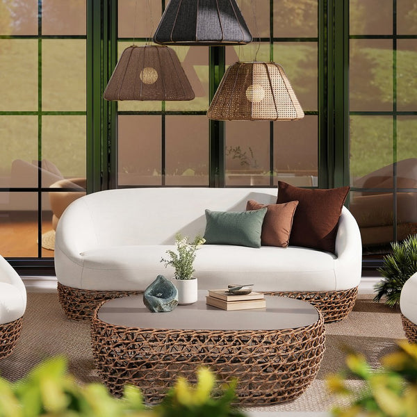 English Elm Jennifer Taylor Home - Willow 71" Outdoor Upholstered Deep Seating Sofa with Axroma Olefin, Golden Brown Wicker, Wheat Beige Elegance B2719P305700