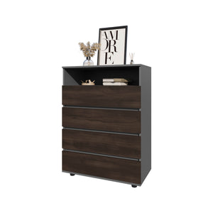 English Elm Stained Walnut Two-Tone 4-Drawer Dresser with Open Shelf — Matte Grey Accent, Modern Storage Appeal B062P357523