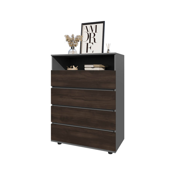 English Elm Stained Walnut Two-Tone 4-Drawer Dresser with Open Shelf — Matte Grey Accent, Modern Storage Appeal B062P357523