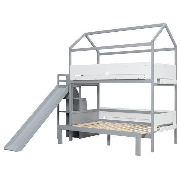 English Elm House-shaped Pine Bunk Bed with Built-in Slide Storage Staircase Twin Over Full Kids Frame Grey+White N820S00082E