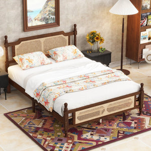 English Elm Queen Pine Bed with Rattan Headboard & Footboard, Walnut Finish, Space-Saving Central Platform Design W504P269833