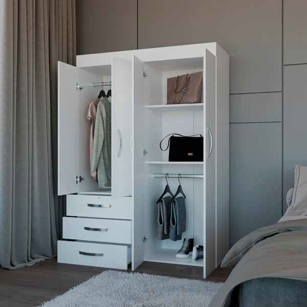 English Elm Mobile Velvet Armoire with 4 Doors, 3 Drawers & Shelves—Space-Saving White Closet Organizer, Durable Engineered Wood B092S00283