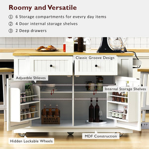 English Elm 48 Inch Rolling Kitchen Island Drop Leaf Prep Cart with Power Outlets and Open Shelving White N707S257057W