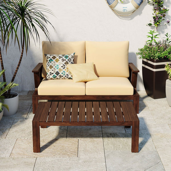 English Elm 2 Piece Acacia Wood Outdoor Sofa Set with Coffee Table and Weather Resistant Cushions Beige,Dark Brown N719P246159D