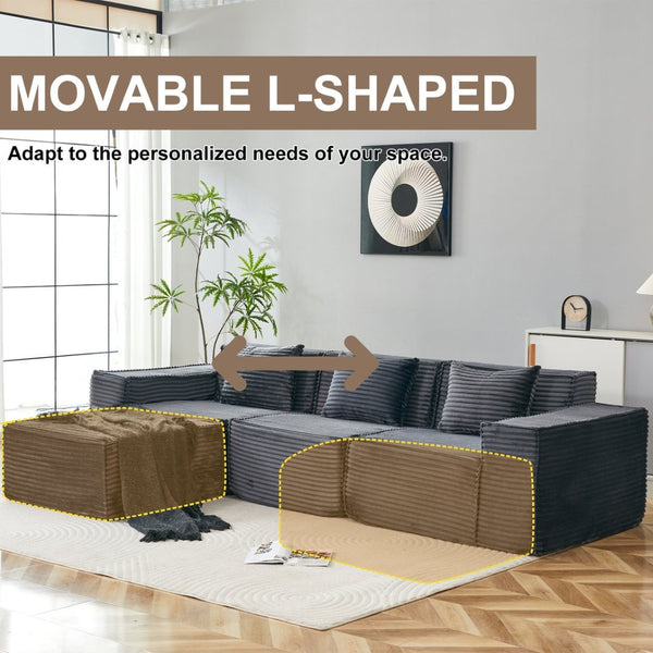 English Elm L-shaped Corduroy Sectional with Ottoman Three Seat Modular Sofa for Modern Living Dark Gray W2699S00080