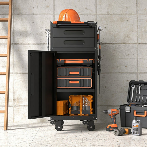 English Elm 34.3" Slim Steel Rolling Tool Cabinet with Locking Door Two Drawers for Garage W2735P428818