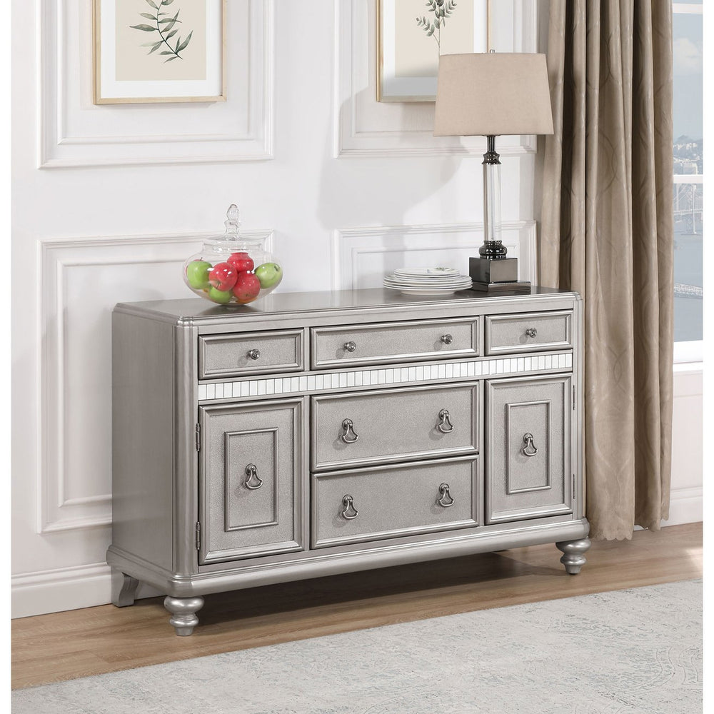 English Elm Mendelsohn Metallic Platinum Mirrored 5-Drawer Server with 2 Doors — Glam Art Deco Sideboard, Storage B062P353469