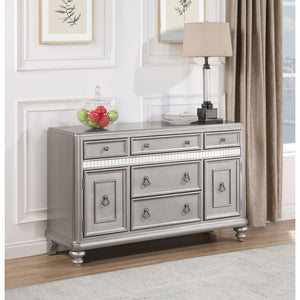 English Elm Mendelsohn Metallic Platinum Mirrored 5-Drawer Server with 2 Doors — Glam Art Deco Sideboard, Storage B062P353469