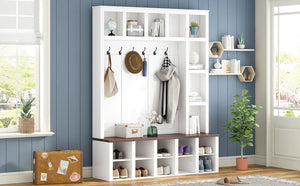 English Elm On-Trend Farmhouse Wooden Hall Tree With 6 Hooks, 4-In-1 Storage Bench & Adjustable Shelves, White N721S000044K-GIGA