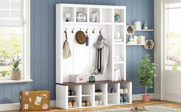 English Elm On-Trend Farmhouse Wooden Hall Tree With 6 Hooks, 4-In-1 Storage Bench & Adjustable Shelves, White N721S000044K-GIGA