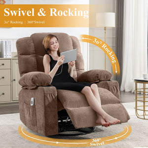 English Elm Oversized Swivel Recliner with Massage Heating Linen Upholstery and Usb Port Brown W1521P411662