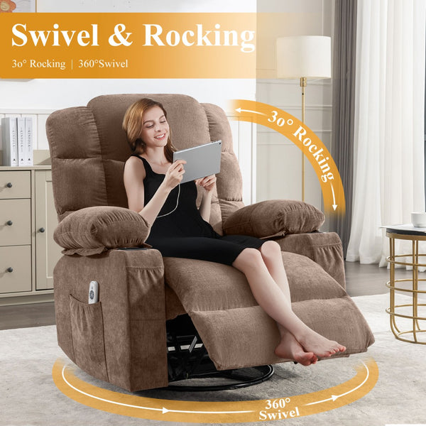 English Elm Oversized Swivel Recliner with Massage Heating Linen Upholstery and Usb Port Brown W1521P411662