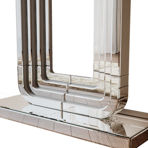 English Elm Mirrored Console Table Silver Glam Entryway Piece with Geometric U Base and Etched Detail W1445P370476