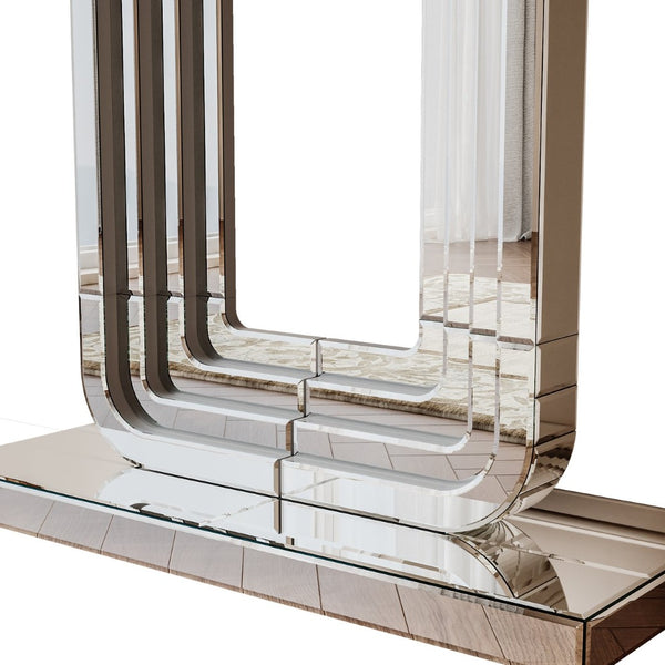 English Elm Mirrored Console Table Silver Glam Entryway Piece with Geometric U Base and Etched Detail W1445P370476