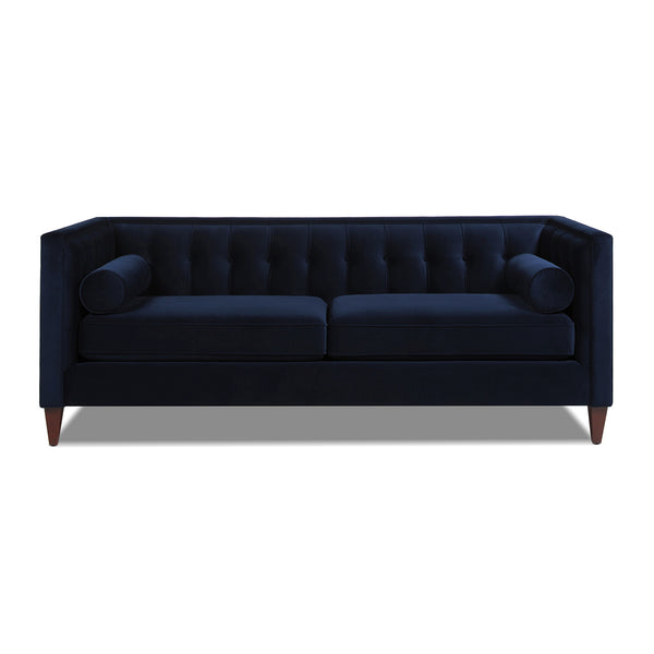 English Elm Jennifer Taylor Home - Jack 84" Modern Tuxedo Tufted Sofa in Plush Velvet with Shelter Arms, Reversible Cushions, Pillows Dark Navy B2719P238407