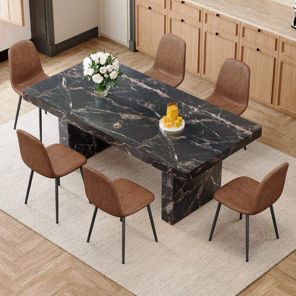 English Elm Table and Chair Set Seating Six with Marble Mdf Top Brown Fabric Upholstered Seats W1151S03914