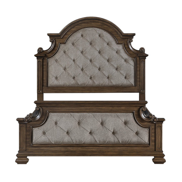 English Elm Traditional Queen Bed Gray Chenille Arched Tufted Headboard Oak Walnut Bedroom B011S02507