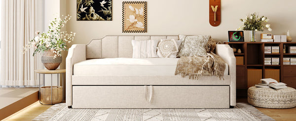 English Elm Twin Linen Upholstered Daybed with Pop up Trundle and Built in Usb Charging Beige SF000199AAA
