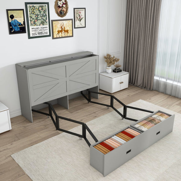 English Elm 57 Inch Murphy Bed Cabinet with Storage Drawers Charging Station and Rolling Casters Gray W509S00156