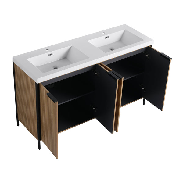 English Elm 60" Freestanding Bathroom Vanity with Double Resin Sink, Soft-Close Doors, Adjustable Shelves, Water-Resistant Finish W999S00383