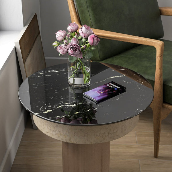 English Elm 32"inch Round Tempered Glass Tabletop Marble Print Indoor Outdoor Dining Patio Replace Black W241P361474