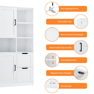 English Elm Bathroom Tall Storage Cabinet with Doors, 2 Drawers, Adjustable Shelf, Anti-Tip, MDF White, Sleek Handles WF530559AAK