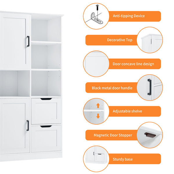 English Elm Bathroom Tall Storage Cabinet with Doors, 2 Drawers, Adjustable Shelf, Anti-Tip, MDF White, Sleek Handles WF530559AAK