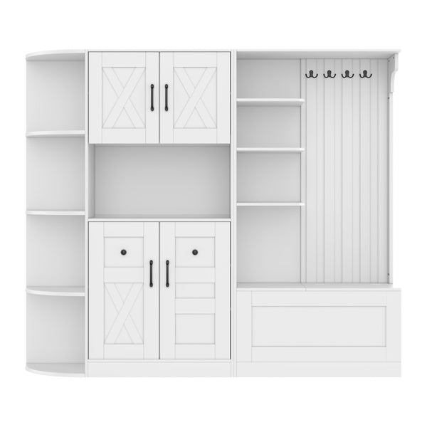 English Elm Multifunctional Modular Hall Tree Cabinet with Open Shelves and Hooks for Entryway White W1580S00519