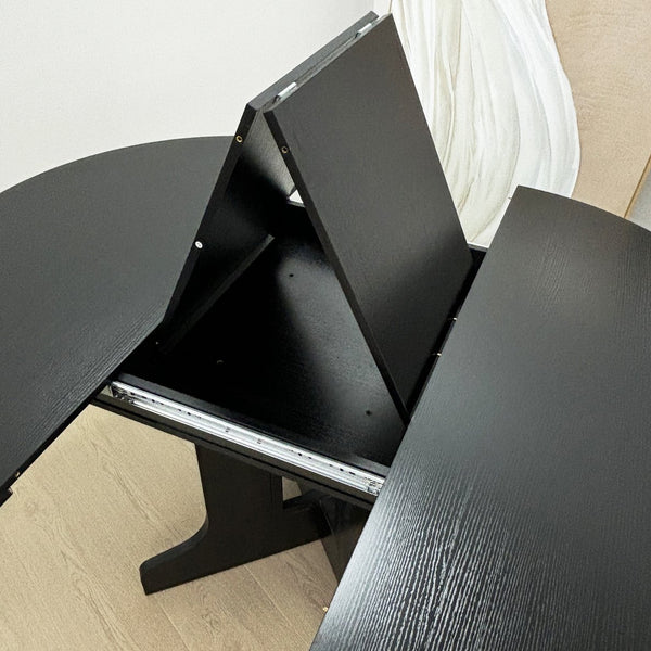 English Elm Dining Table Expandable 43–59" Oval with Removable Leaf, X-Base Farmhouse Style Oak Veneer Black – Seats 6 W1347P202405