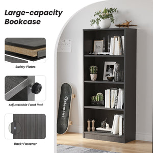 English Elm Bookcase Freestanding 4-Shelf Wood Bookshelf with Adjustable Shelves Sturdy Multipurpose Storage Unit for Home Office and Display (60x17x7) Grey T3623P408802