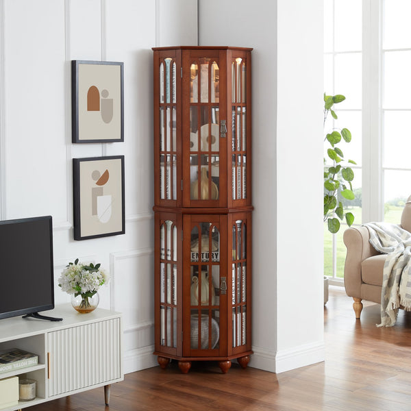 English Elm Corner Curio Cabinet with 6 Shelves, Tempered Glass Display, Built-In Lighting, Mirrored Back Walnut W1693P216949