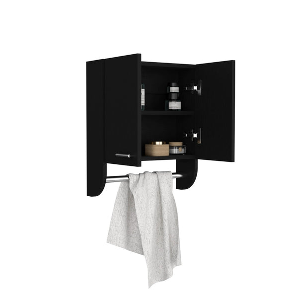 English Elm Optim Wall Mounted Bathroom Cabinet Two Shelf Organizer with Integrated Towel Bar Black B200P235862