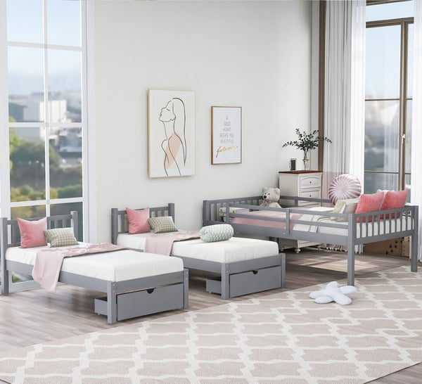 English Elm Full Over Twin Triple Bunk Bed Pine Wood Frame with Storage Drawers and Guardrails LT000343AAE-1