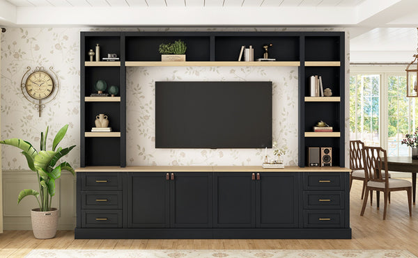 English Elm 102.3"w Farmhouse Wall Unit Four Piece Entertainment Center with Storage for Living Room N721S000051B-2