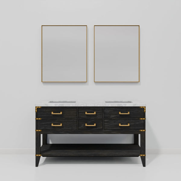 English Elm Black Oak Double Bath Vanity With Carrara Marble Top, Dual Mirrors & Ample Storage For Elegance B2731S02161