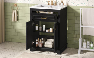 English Elm 24" Matte Single Sink Vanity Solid Poplar Frame Gold Hardware Soft Close Cabinet Black N710P389449B