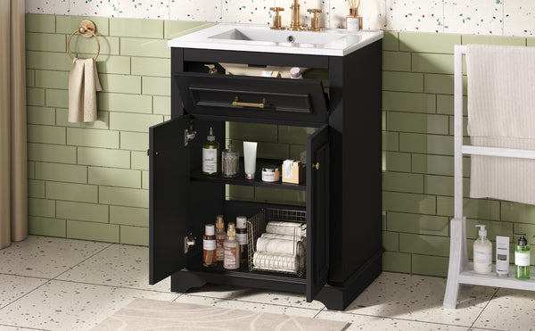 English Elm 24" Matte Single Sink Vanity Solid Poplar Frame Gold Hardware Soft Close Cabinet Black N710P389449B
