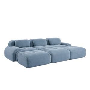 English Elm Three-seat Modular Corduroy Sectional Sofa with Ottomans for Living and Media Rooms Blue W714S01251