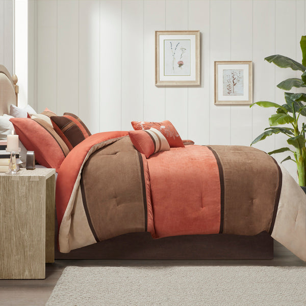 English Elm 7 Piece Palisades Faux Suede Comforter Set Coral Queen - Hypoallergenic, Machine Washable, Embroidered Pillows B03596817