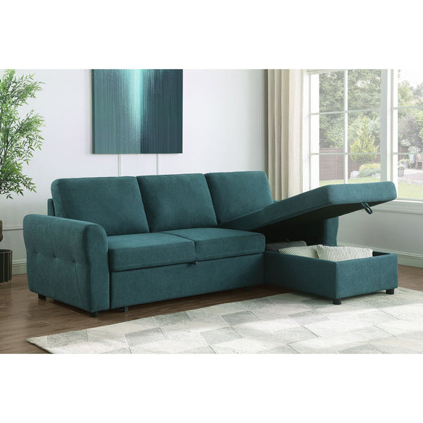 English Elm Kenna Teal Blue Sleeper Sectional with Storage Ottoman, Tufted Upholstery, Rounded Arms, Modern Comfort B062S01105