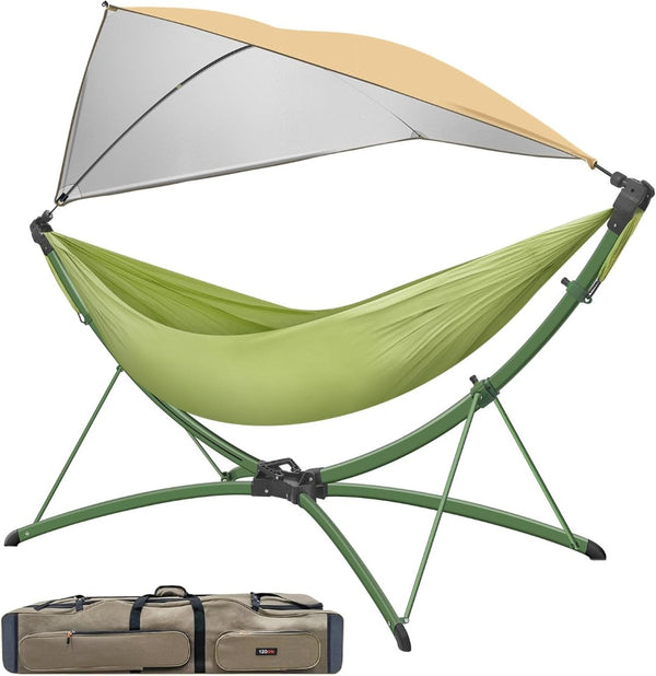 English Elm Portable Hammock with Quick Fold Stand Ripstop Nylon Sunshade 650 Lb Capacity Green W3457P379389