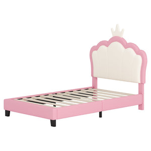 English Elm Twin Platform Bed Upholstered Crown Headboard Storybook Style for Girls Bedroom Pink N733P180807H
