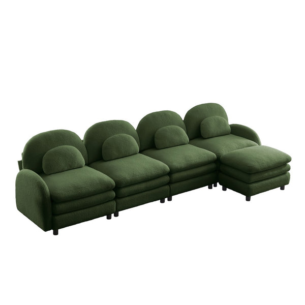 English Elm Teddy Fleece Curved Modular Sectional Sofa with Ottoman Four Seat Cloud Comfort Green W5656S00090